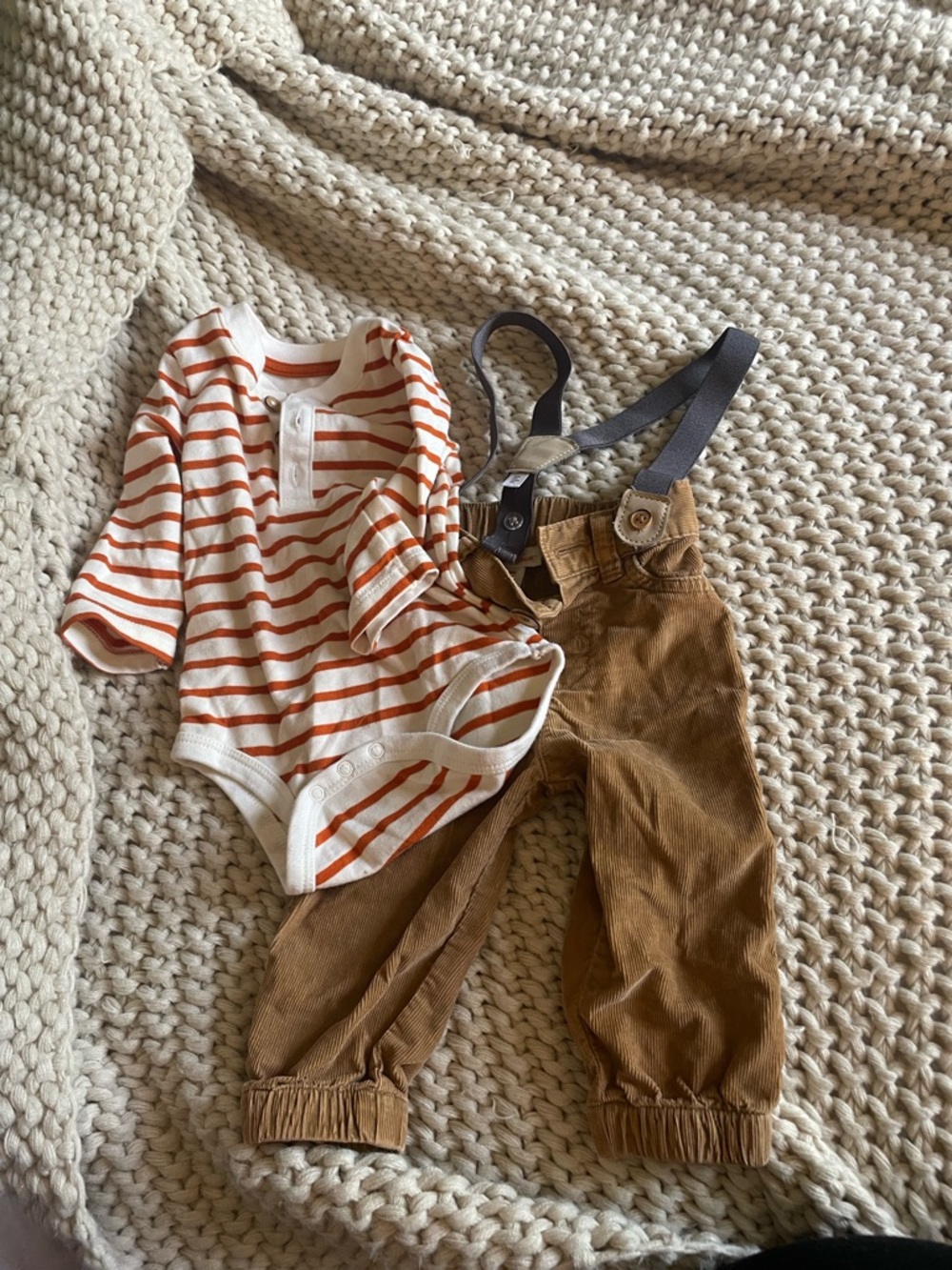 Cat & Jack White and Orange Striped Baby Bodysuit with Pants and suspenders